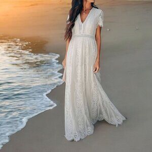 White Lace Flutter Sleeve Embroidered Maxi Dress w/ Scalloped Hem & V‑Neck – S